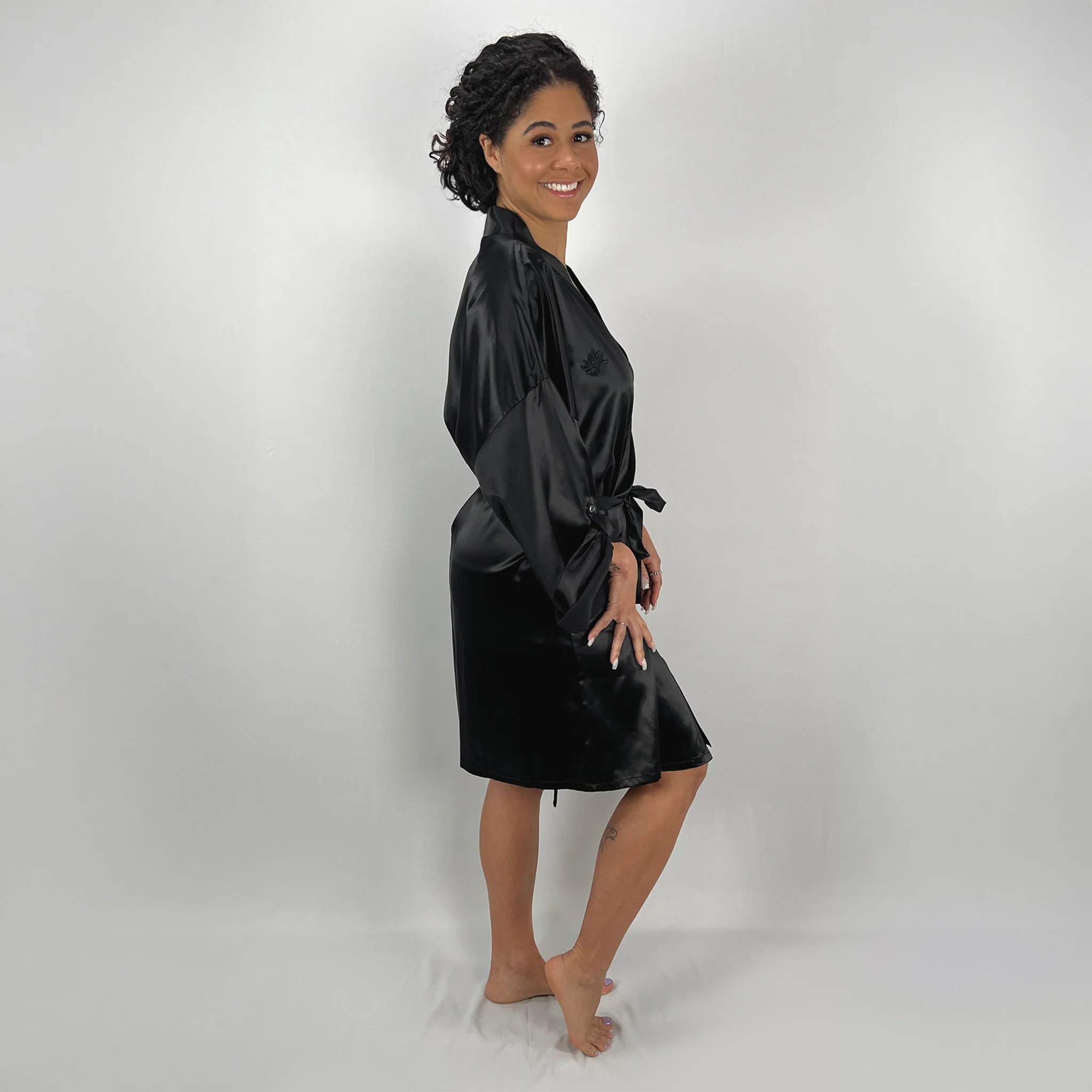 100% Pure Silk Robe - Black - Image 4