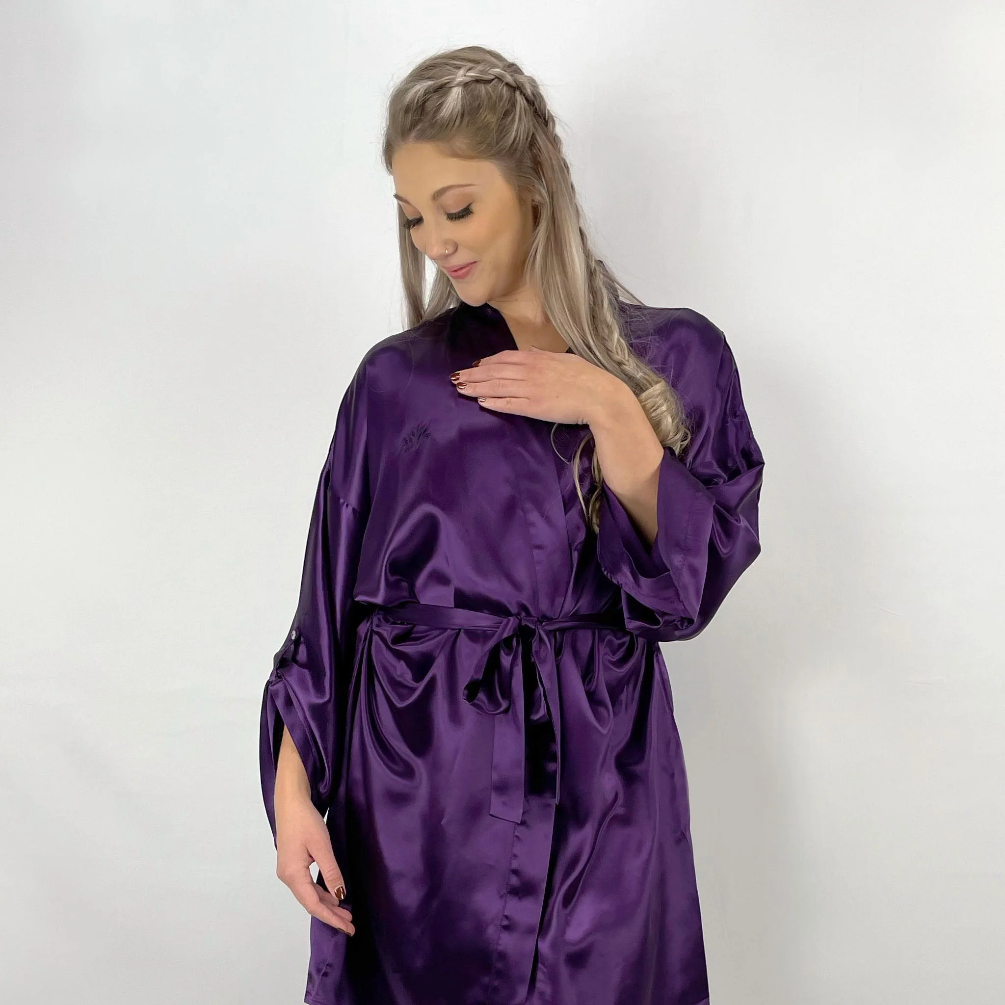 100% Pure Silk Robe - Plum - Image 10