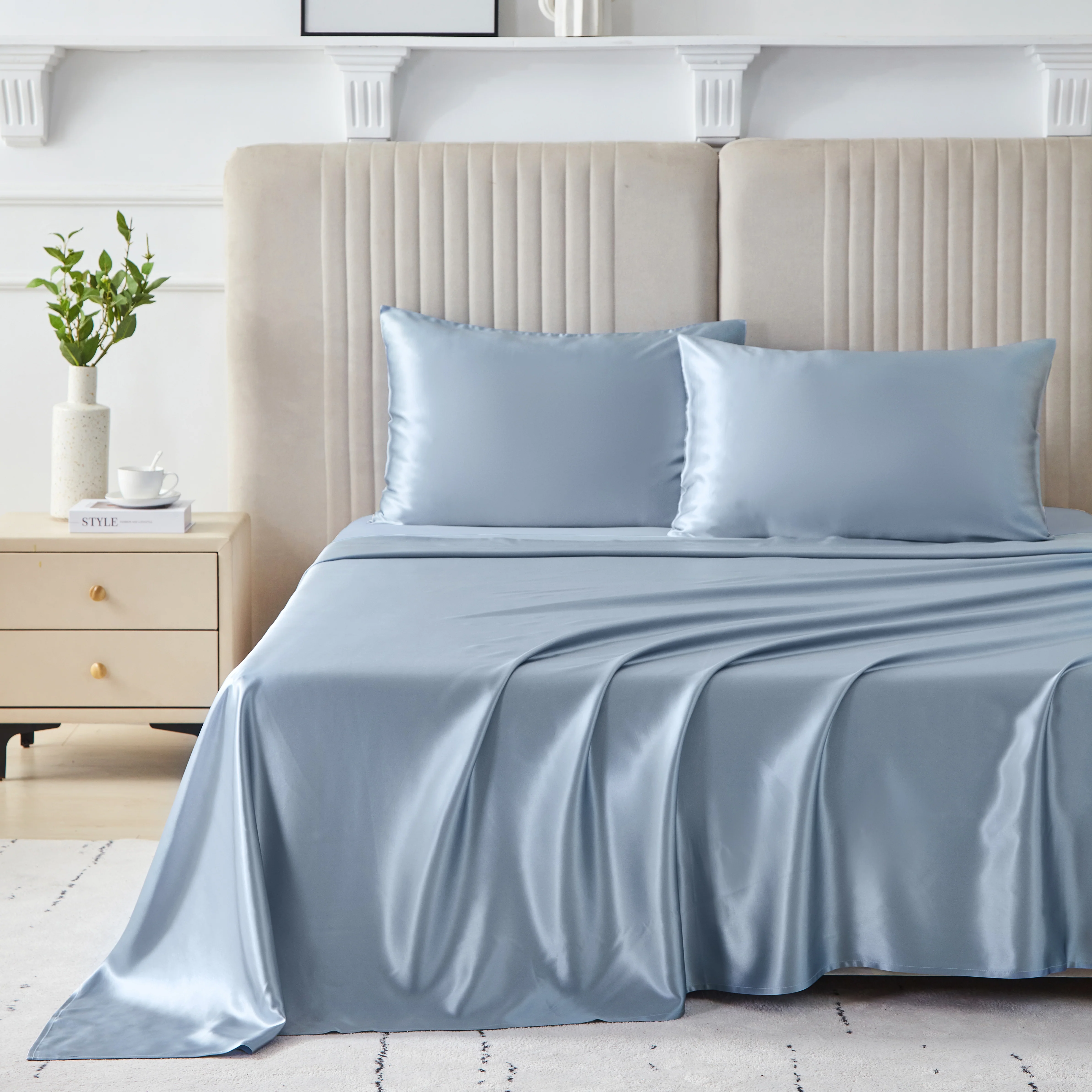 22 Momme Silk Flat Sheet - Steel Blue - Image 4